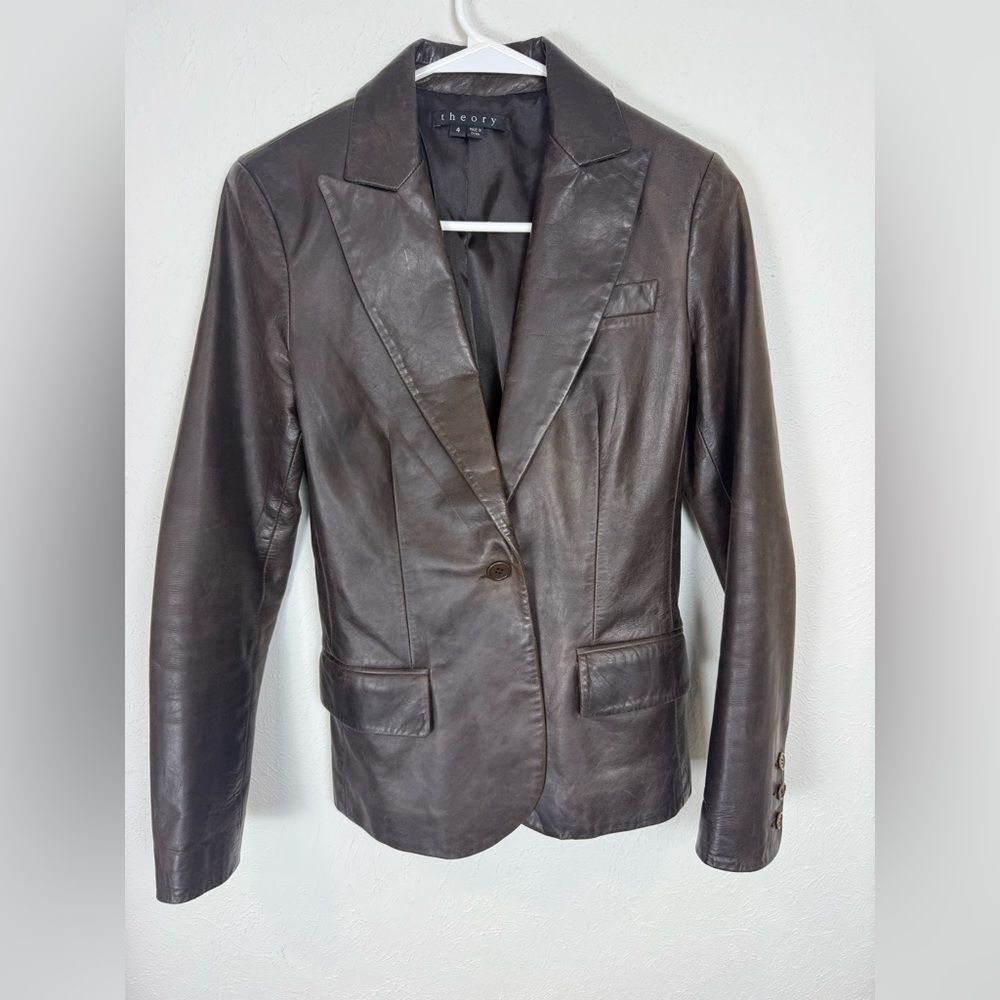 Theory Gabe Brown Leather Blazer Jacket Size 4
